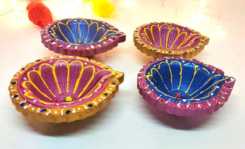 Ascension Round Colourful Earthen Designer Diya Handmade Mitti Ke DeepakDiyeDesigner Handmade Terracotta Decorative Diwali DeepakOil for Pooja Navratri Gift Pack Set of 4 - Image 1