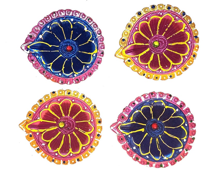 Ascension Round Colourful Earthen Designer Diya Handmade Mitti Ke DeepakDiyeDesigner Handmade Terracotta Decorative Diwali DeepakOil for Pooja Navratri Gift Pack Set of 4 - Image 2