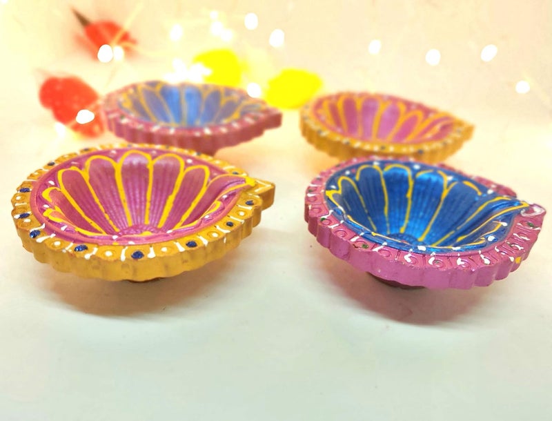 Ascension Round Colourful Earthen Designer Diya Handmade Mitti Ke DeepakDiyeDesigner Handmade Terracotta Decorative Diwali DeepakOil for Pooja Navratri Gift Pack Set of 4 - Image 3