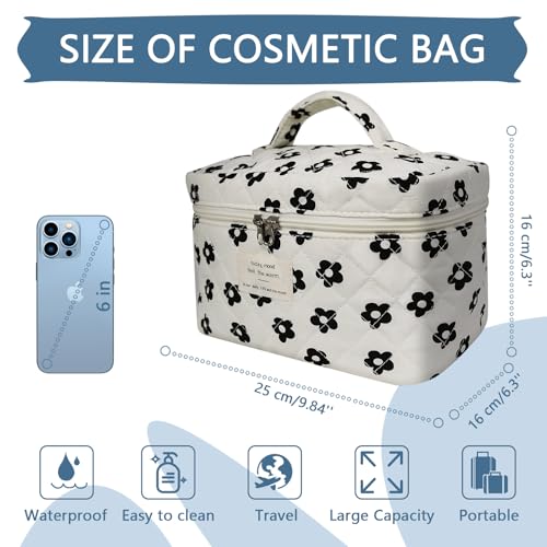 Gosect Large Makeup Bag Cute Cosmetic Bag for Women Girls Floral Coquette Aesthetic Toiletry Bag Travel Make Up Organizer Bag Black Flower - Image 3