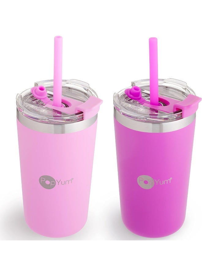 PopYum 13oz Insulated Stainless Steel Kidsâ€™ Cups with Lid and Straw, 2-Pack - Image 1
