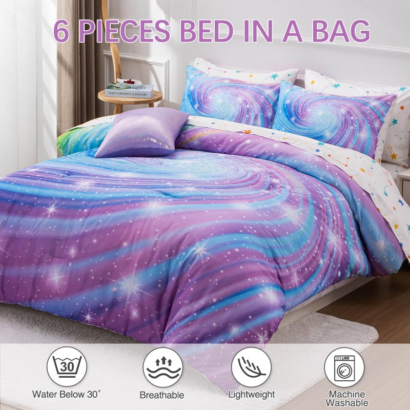 Btargot Super Soft 6 Pieces Gradient Star Ring Comforter Set, Colorful Glitter Rainbow Star Pattern Bedding Set for Boys Girls Teens, Twin Purple - Image 3