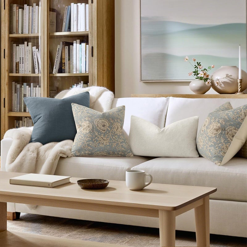DKwizme Vintage Floral Print Throw Pillow Covers 18x18 Set of 2 Neutral Modern Farmhouse Pillowcases Accent Decorative Cushion Covers Boho Home Decor for Couch Sofa Chair Bed Living Room, Sky Blue - Image 4