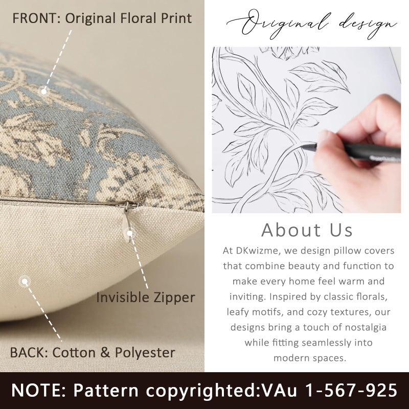 DKwizme Vintage Floral Print Throw Pillow Covers 18x18 Set of 2 Neutral Modern Farmhouse Pillowcases Accent Decorative Cushion Covers Boho Home Decor for Couch Sofa Chair Bed Living Room, Sky Blue - Image 3