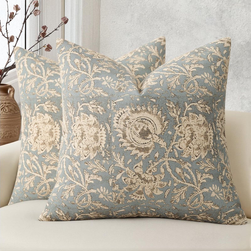 DKwizme Vintage Floral Print Throw Pillow Covers 18x18 Set of 2 Neutral Modern Farmhouse Pillowcases Accent Decorative Cushion Covers Boho Home Decor for Couch Sofa Chair Bed Living Room, Sky Blue - Image 1