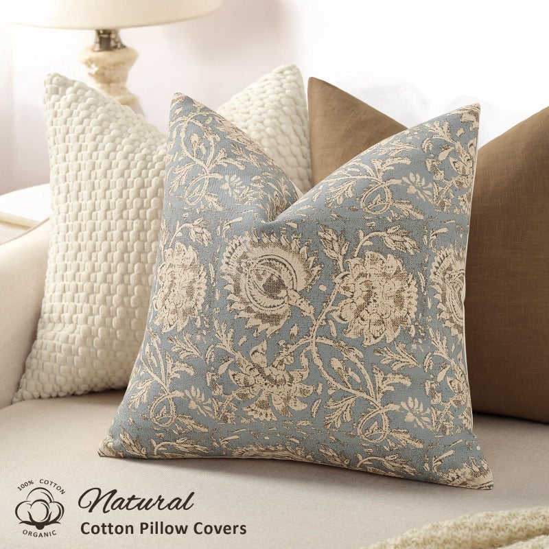 DKwizme Vintage Floral Print Throw Pillow Covers 18x18 Set of 2 Neutral Modern Farmhouse Pillowcases Accent Decorative Cushion Covers Boho Home Decor for Couch Sofa Chair Bed Living Room, Sky Blue - Image 2