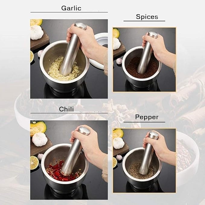 Olpad Mortar and Pestle 188 Stainless Steel Mortar Set Grind Food Herbs Spices Food Beans Garlic Kitchen Tool with Lid Large 115 cm - Image 3