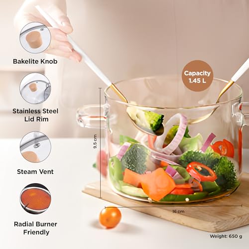 UMAI Borosilicate Glass Cookware for Gas Stove(1.45L) Tope with Lid | Biryani Handi Casserole with Lid | Electric Pottery | Saucepan with Lid, Handle for Cooking | Housewarming Gift (Plain) - Image 3