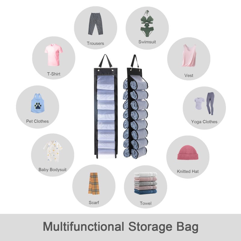 DHSFKBE Legging Organizer Storage, T-Shirt Organizer, Foldable Hanging Closet Organizer, Hanging Clothes Organizer with 16 Roll Compartments for Yoga Clothes, Shirt (Black) - Image 3
