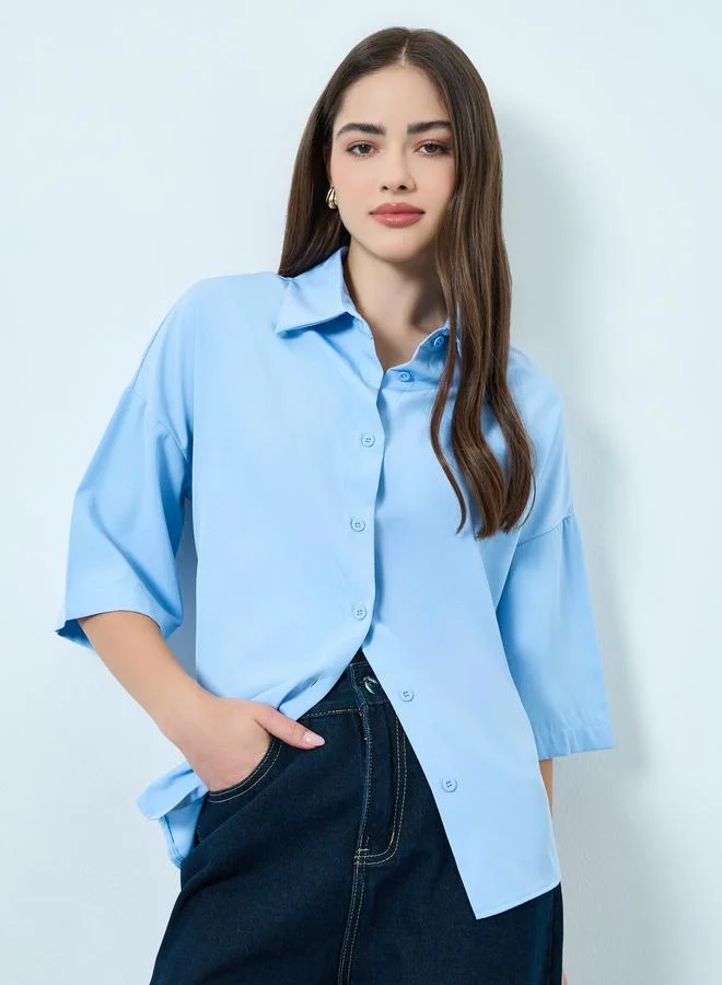 Styli Blue Solid 3/4 Sleeves Oversized Shirt
