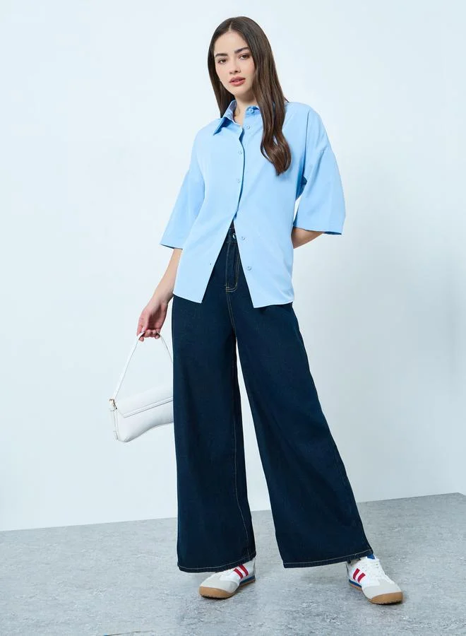 Styli Blue Solid 3/4 Sleeves Oversized Shirt