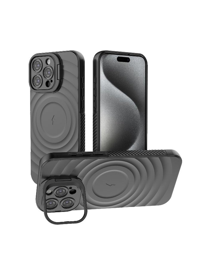 Cover For iPhone 16 Pro Max Magnetic Phone Corrugated Anti Drop Full Lens Coverage Phone Case with Holder Stand - Black - Image 1