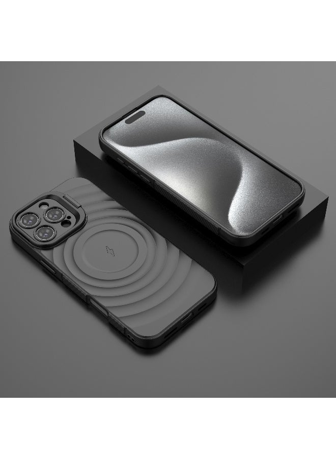 Cover For iPhone 16 Pro Max Magnetic Phone Corrugated Anti Drop Full Lens Coverage Phone Case with Holder Stand - Black - Image 3