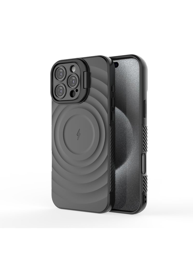 Cover For iPhone 16 Pro Max Magnetic Phone Corrugated Anti Drop Full Lens Coverage Phone Case with Holder Stand - Black - Image 5