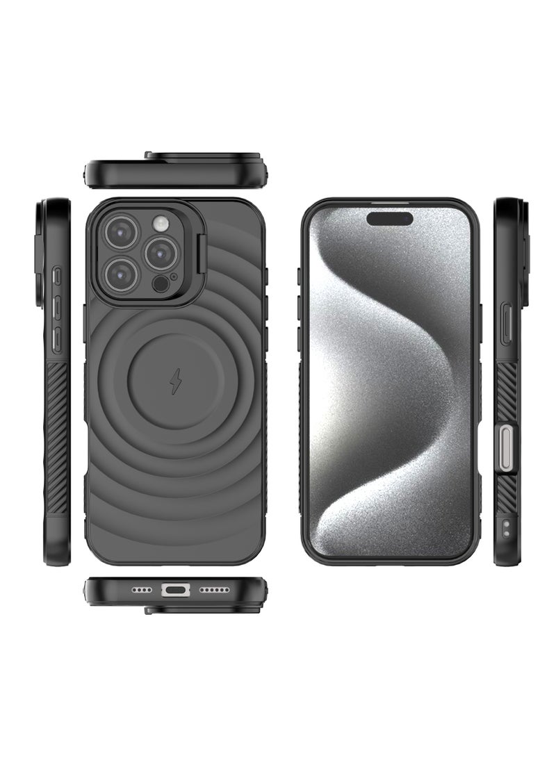 Cover For iPhone 16 Pro Max Magnetic Phone Corrugated Anti Drop Full Lens Coverage Phone Case with Holder Stand - Black - Image 4