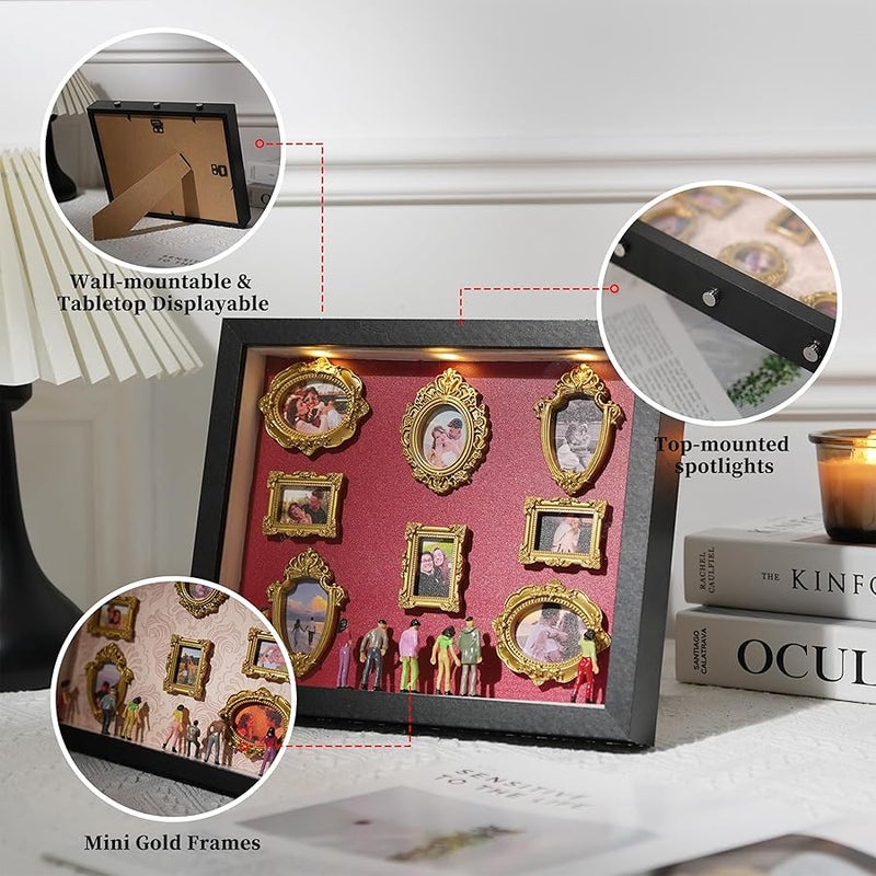 DIY Mini Gold Frames Silhouette Box, Upgrade Shadow Box Frame Kit with Gold Miniature Museum & Figurines, Anniversary, Wedding & Home Decor，Custom Photo Optional - Image 1
