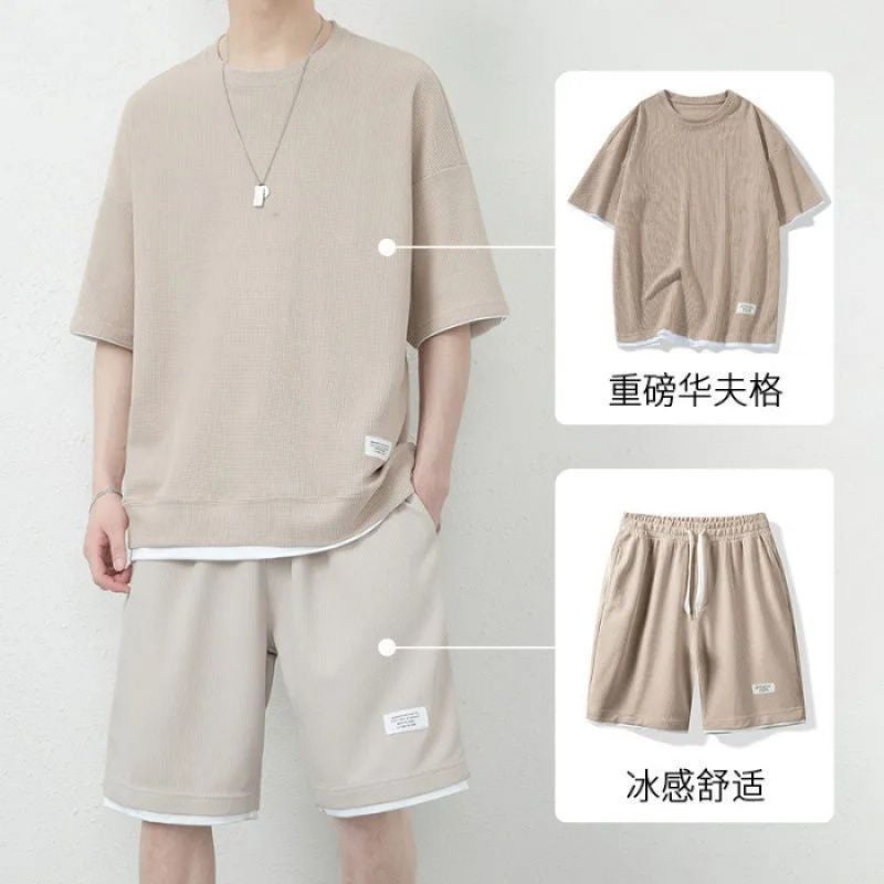 Cross-border 2023 New Casual suit Mens Summer Youth plus size Mens Sports Loose Short Sleeve Short Trend apricot suit