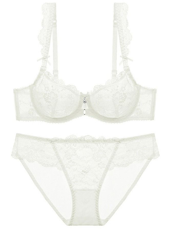 Loquat Solid Color Ultra Thin Cup Unpadded Lace Bra And Panty Set White 