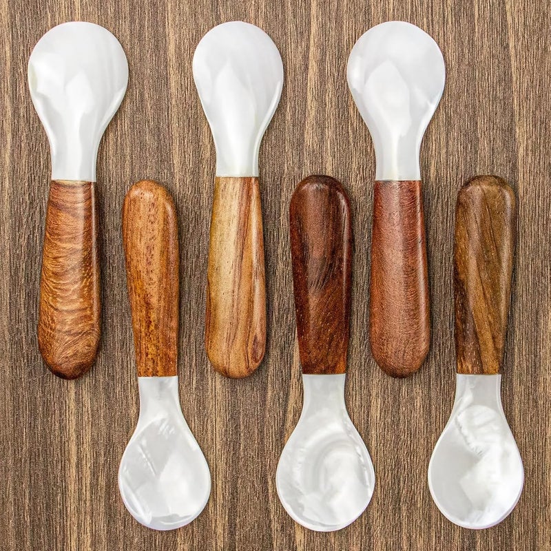 DUEBEL Set of 6 Caviar Spoons of Wood Handle, 4" Mother of Pearl Spoons for Caviar Serving, Egg Serving, Catering Deroration - Image 3