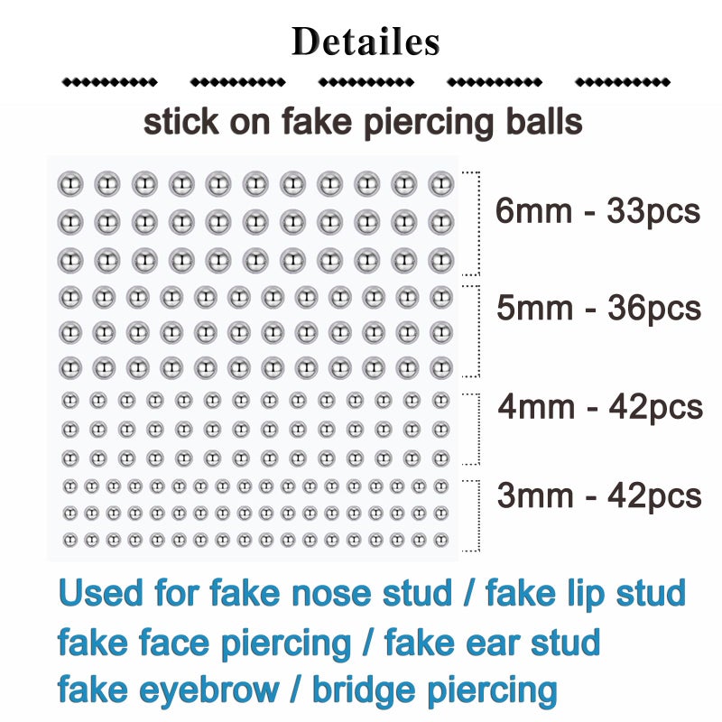 QWALIT Fake Lip Piercing Fake Piercings Fake Nose Stud Fake Face Piercing Fake Lip Stud Fake Nose Stud Stick on Fake Eyebrow Piercing Fake Eyebrow Ring Fake Piercing Balls Silver 3mm 4mm 5mm 6mm - Image 2