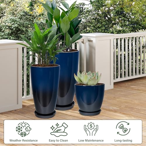 Neoaider 24/21/12 Inch Large Plastic Planter, Lightweight Ceramic-Look Tall Planters with Drain Hole & Saucers, Tall Plastic Planters for Porch, Garden, Patio, Balcony(Dark Blue) - Image 2