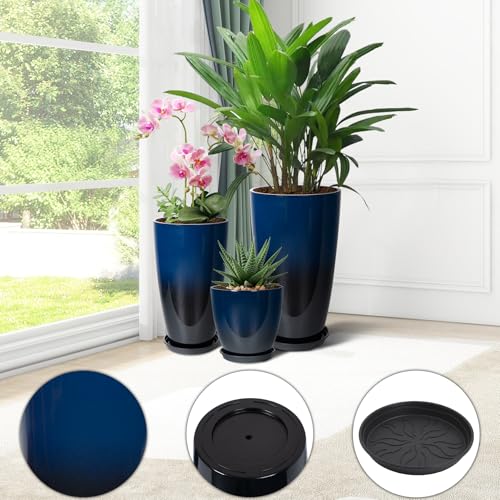 Neoaider 24/21/12 Inch Large Plastic Planter, Lightweight Ceramic-Look Tall Planters with Drain Hole & Saucers, Tall Plastic Planters for Porch, Garden, Patio, Balcony(Dark Blue) - Image 4