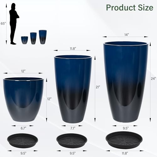 Neoaider 24/21/12 Inch Large Plastic Planter, Lightweight Ceramic-Look Tall Planters with Drain Hole & Saucers, Tall Plastic Planters for Porch, Garden, Patio, Balcony(Dark Blue) - Image 3