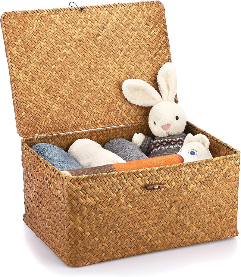 Hipiwe Wicker Shelf Baskets Bin with Lid, Handwoven Seagrass Basket Storage Bins Rectangular Household Basket Boxes for Shelf Wardrobe Home Organizer, Caramel X-Large - Image 1