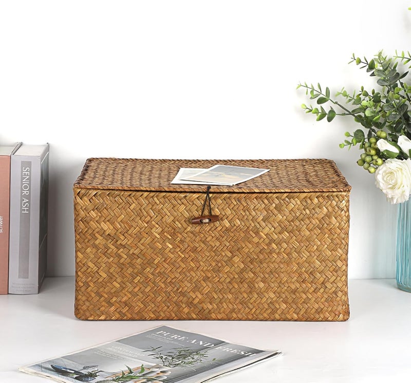 Hipiwe Wicker Shelf Baskets Bin with Lid, Handwoven Seagrass Basket Storage Bins Rectangular Household Basket Boxes for Shelf Wardrobe Home Organizer, Caramel X-Large - Image 2