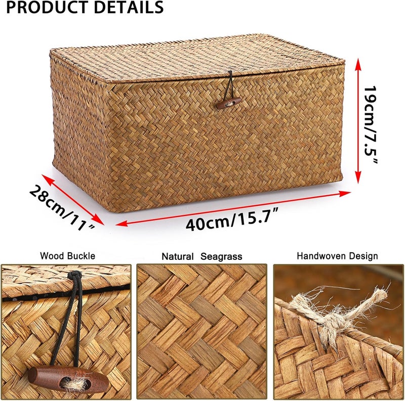 Hipiwe Wicker Shelf Baskets Bin with Lid, Handwoven Seagrass Basket Storage Bins Rectangular Household Basket Boxes for Shelf Wardrobe Home Organizer, Caramel X-Large - Image 5
