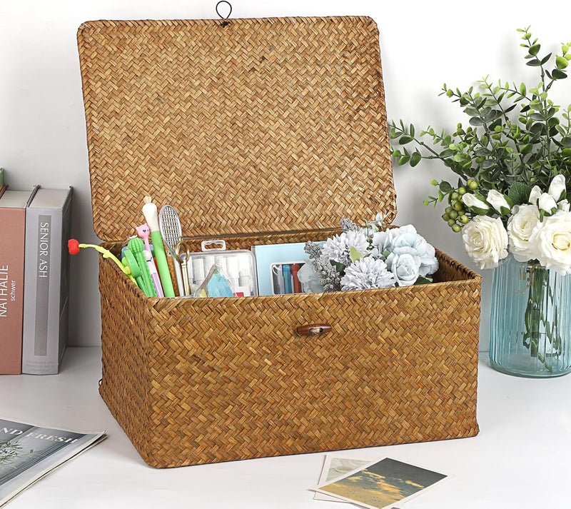 Hipiwe Wicker Shelf Baskets Bin with Lid, Handwoven Seagrass Basket Storage Bins Rectangular Household Basket Boxes for Shelf Wardrobe Home Organizer, Caramel X-Large - Image 4
