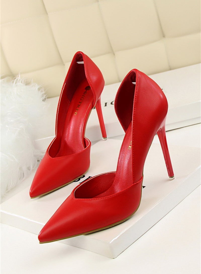 بيج تري أزياء بسيطة سليم أحذية نسائية الكعب عالية جدا مع تلميح الضحلة جوفاء حذاء واحد 10cm أحمر - Image 1