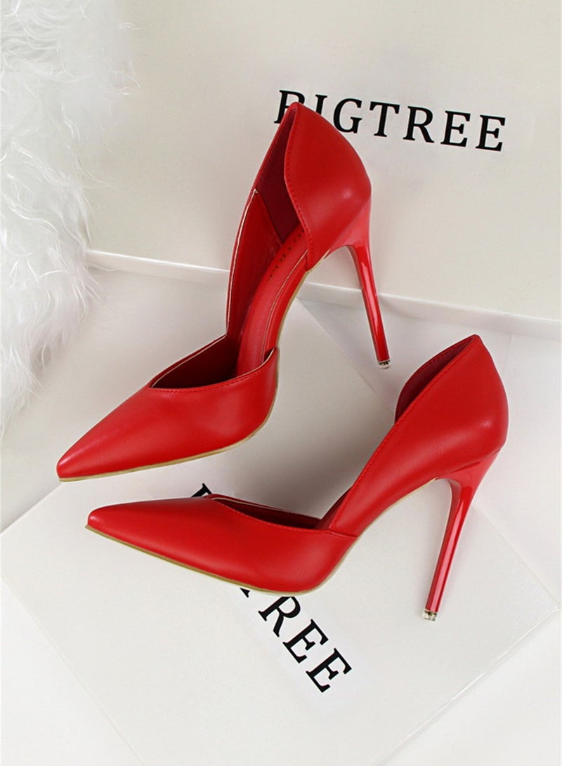 بيج تري أزياء بسيطة سليم أحذية نسائية الكعب عالية جدا مع تلميح الضحلة جوفاء حذاء واحد 10cm أحمر - Image 2