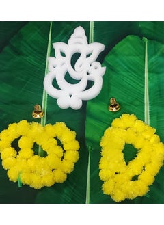 ZESTENTER ZestEnter Banana Leaf Backdrop Cloth Combo with 2 Strings Marigold Garlands 1 Foam Ganesh and 2 Bells  - Image 4