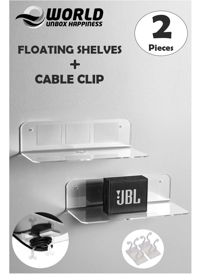 Eworld Set of 2 L Shaped Clear Acrylic Floating Shelves with Cable Clips, Space Saving Solutions for Bathroom Accessories, Kitchen Spice Rack, Speaker Bracket, Monitoring Camera Holder and Gaming Rooms - Image 1