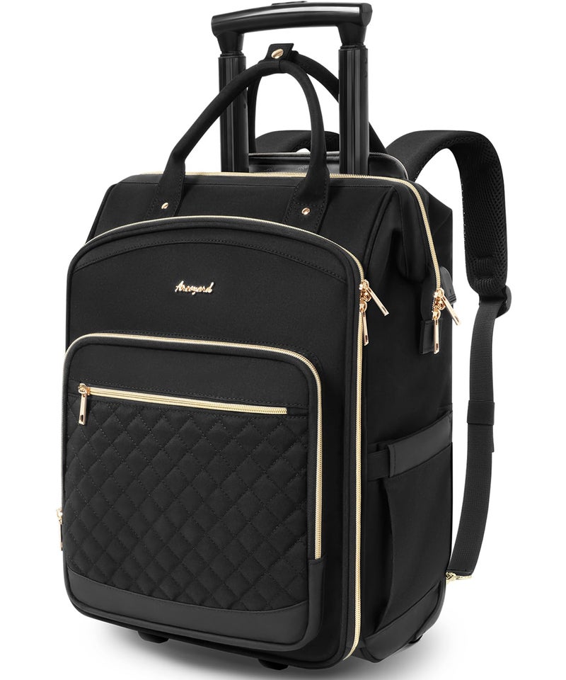 Arcoyard Rolling Backpack for Women, Travel Backpack with Wheels, Vertical Storage Wheeled Laptop Backpack, Overnight Underseat Carry on Luggage for College Business Work, Stylish Rolling Laptop Bag, Black - Image 1