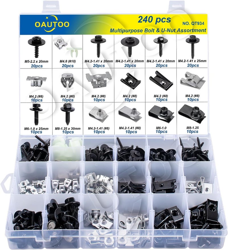 OAUTOO 240 pcs Multi-Purpose Bolt and U-Nut Assortment Kit for GM, Ford, Chrysler - Image 1
