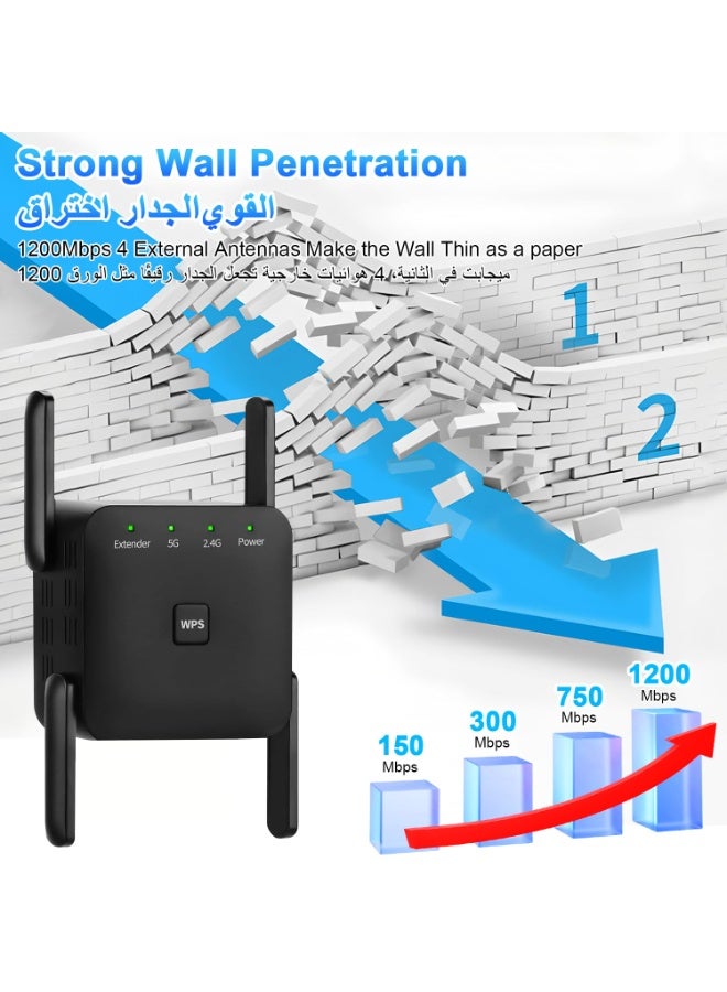 Wifi Extender, 1200Mbps Dual Band WiFi Range Extender,Signal Repeater, Long Range Wireless Internet Repeater with 4 Antennas Covers Up to 7000 Sq for Home (Black) - Image 2
