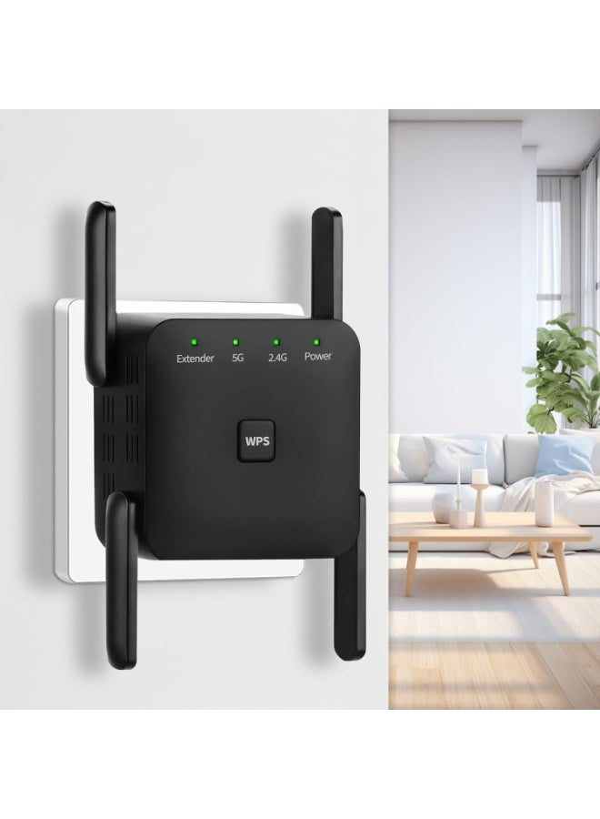 Wifi Extender, 1200Mbps Dual Band WiFi Range Extender,Signal Repeater, Long Range Wireless Internet Repeater with 4 Antennas Covers Up to 7000 Sq for Home (Black) - Image 1