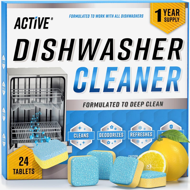 Active Dishwasher Cleaner And Deodorizer Tablets - 24 Pack Deep Cleaning Descaler Pods for Dish Washer Machine, Heavy Duty, Septic Safe, Natural Limescale Remover, Calcium, Odor, Smell - 12 Month Supply - Image 1
