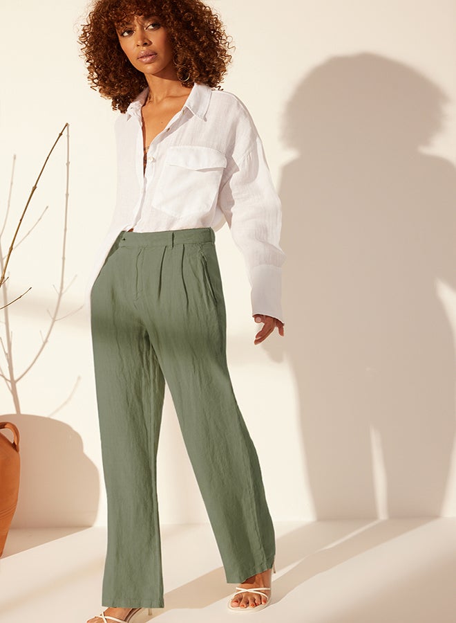 trendyol Green 100% Linen Pleated High Waist Wide Leg Trousers TWOSS24JE00245 - Image 1