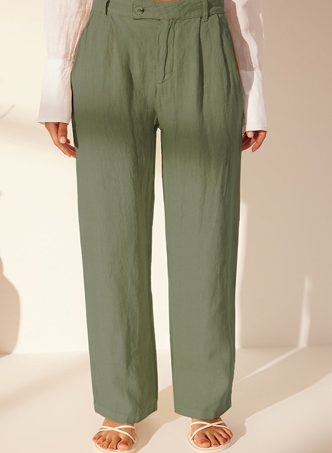 trendyol Green 100% Linen Pleated High Waist Wide Leg Trousers TWOSS24JE00245 - Image 5