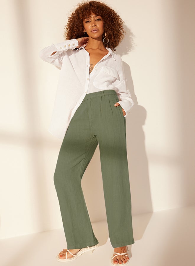trendyol Green 100% Linen Pleated High Waist Wide Leg Trousers TWOSS24JE00245 - Image 2