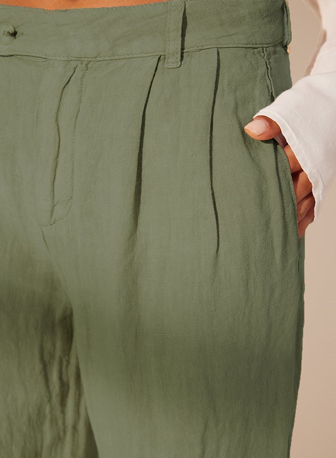 trendyol Green 100% Linen Pleated High Waist Wide Leg Trousers TWOSS24JE00245 - Image 4