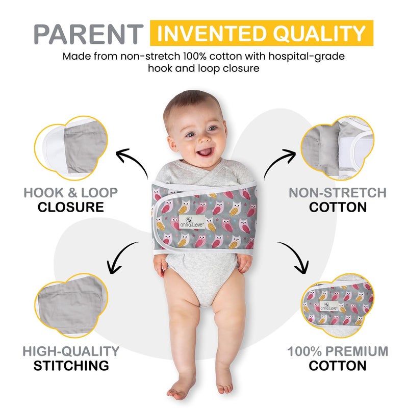 Anna & EveÂ® Baby Swaddle Strap for Newborns and Infants - 100% Cotton, No Overheating - The Original Arms Only - Adjustable Small Size Swaddle, Fits Chest 13.5" to 17" - Owls Grey/Pink - Image 3