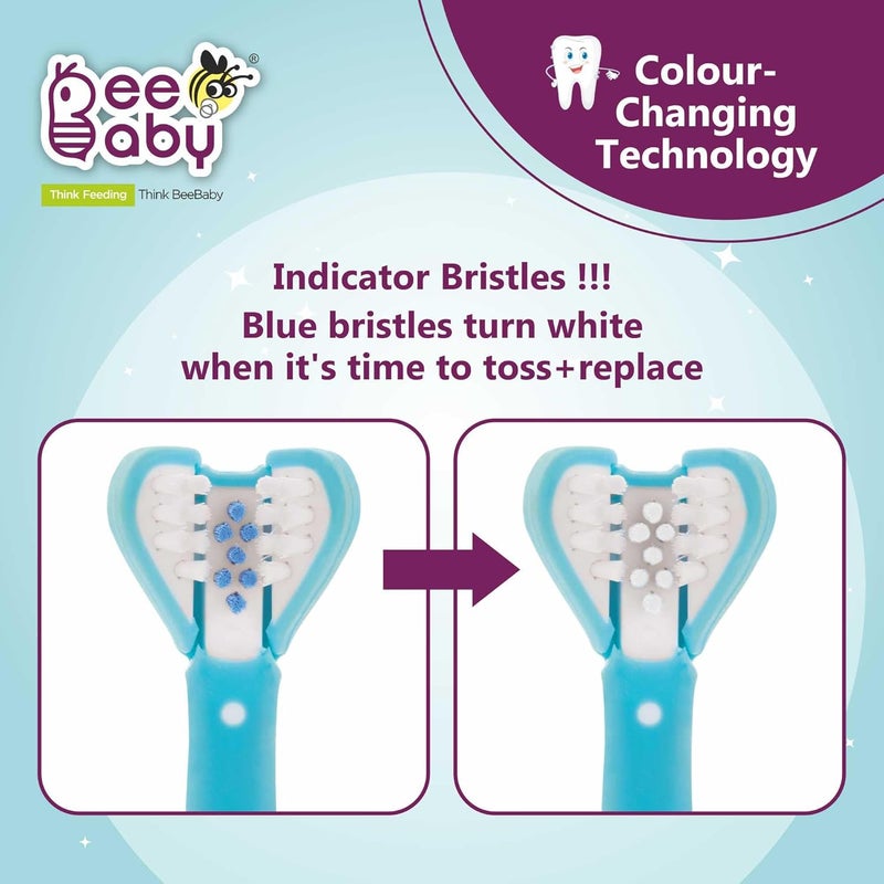 Beebaby فرشاة الأسنان ثلاثية الزاوية للأطفال من 3-6 سنوات. كوب شفط، 3 جوانب فائقة النعومة، مؤشر وقت التغيير للشعيرات مثالي للأسنان اللبنية والدائمة. خالية من BPA بنسبة 100%. زرقاء - Image 2