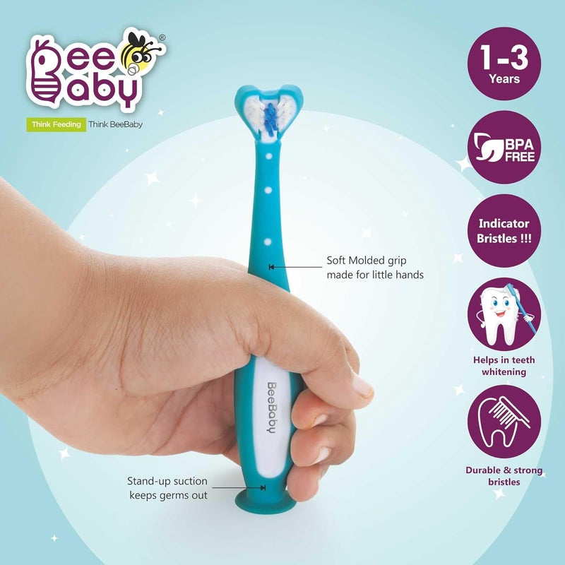 Beebaby فرشاة الأسنان ثلاثية الزاوية للأطفال من 3-6 سنوات. كوب شفط، 3 جوانب فائقة النعومة، مؤشر وقت التغيير للشعيرات مثالي للأسنان اللبنية والدائمة. خالية من BPA بنسبة 100%. زرقاء - Image 3
