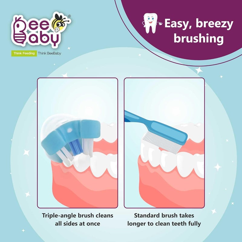 Beebaby فرشاة الأسنان ثلاثية الزاوية للأطفال من 3-6 سنوات. كوب شفط، 3 جوانب فائقة النعومة، مؤشر وقت التغيير للشعيرات مثالي للأسنان اللبنية والدائمة. خالية من BPA بنسبة 100%. زرقاء - Image 5