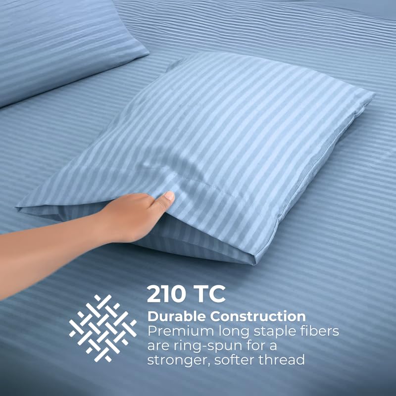 Pro Linen Pro Linen Basic 1Cm Satin Stripe Pure Cotton 210Tc, 3Pc Bedding Set, Queen Regular Size 275x225 Cm, Powder Blue, (1 Bed Sheet + 2 Pillow Covers)  - Image 3