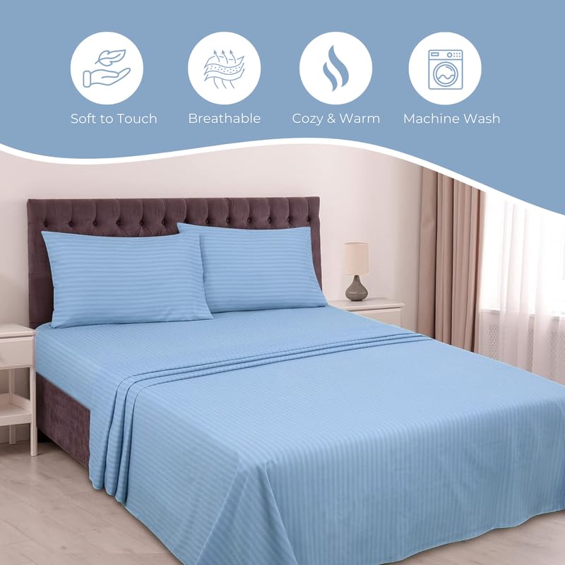 Pro Linen Pro Linen Basic 1Cm Satin Stripe Pure Cotton 210Tc, 3Pc Bedding Set, Queen Regular Size 275x225 Cm, Powder Blue, (1 Bed Sheet + 2 Pillow Covers)  - Image 4